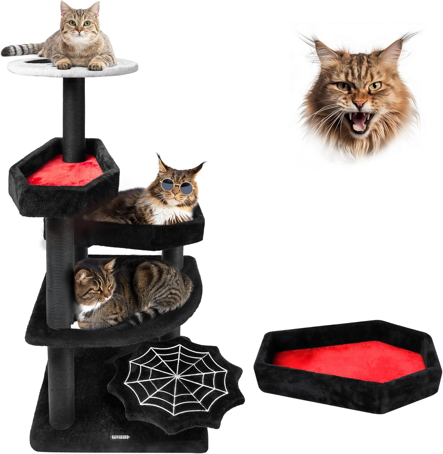KAMABOKO Gothic Cat Tree with Coffin Bed, 46.9” Black Cat Tower for Indoor Cats with Scratching Posts, Halloween Cat Tree Tower for Large Cats, Black and Red