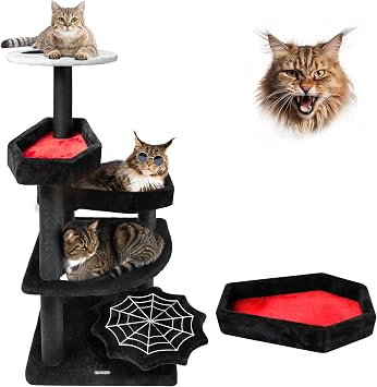 KAMABOKO Gothic Cat Tree with Coffin Bed, 46.9 Black Cat Tower for Indoor Cats with Scratching Posts, Halloween Cat Tree Tower for Large Cats, Black and Red