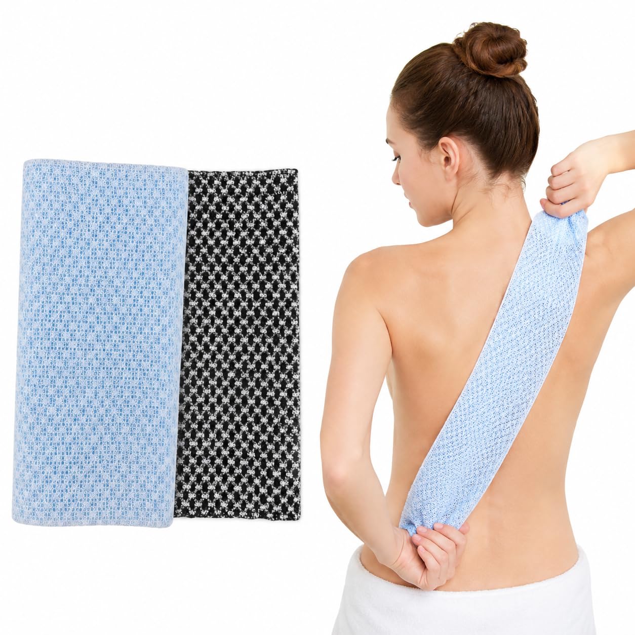 2Pcs Japanese Exfoliating Towel, Silver lon Exfoliating Shower Towel, Back Extra Long Exfoliating Washcloth for Men Women, Body Scrub Loofah for Cleaning and Massage (Black & Blue)