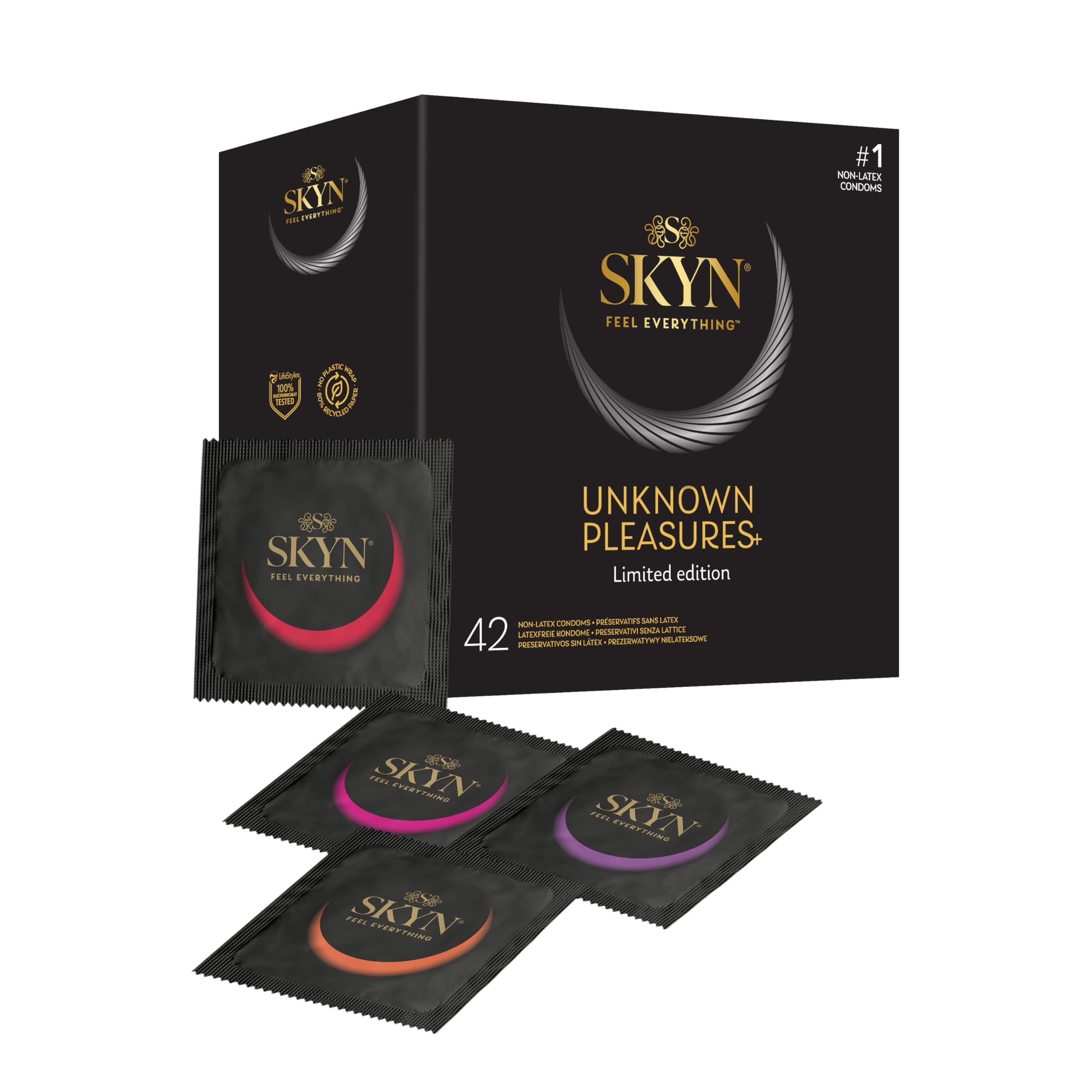 SKYN Unbekannt Pleasures Kondome für Männer, mit glatter und strukturierter Oberfläche, latexfrei, SKYNFEEL-Technologie, geschmiert, 53 mm Nennbreite