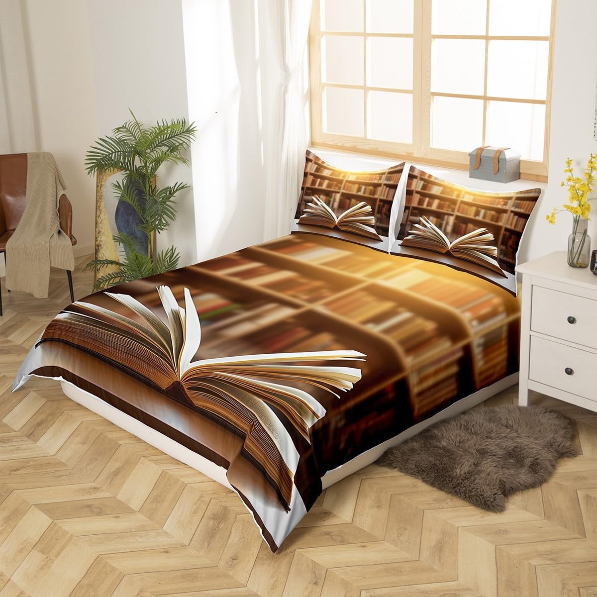 Erosebridal Book Bedding Set Queen Size Stack of Books Duvet Cover for Boys Teens Kids Child,Library Comforter Cover Blur Bookshelf Background Bedclothes Soft Cozy Bedroom Decor