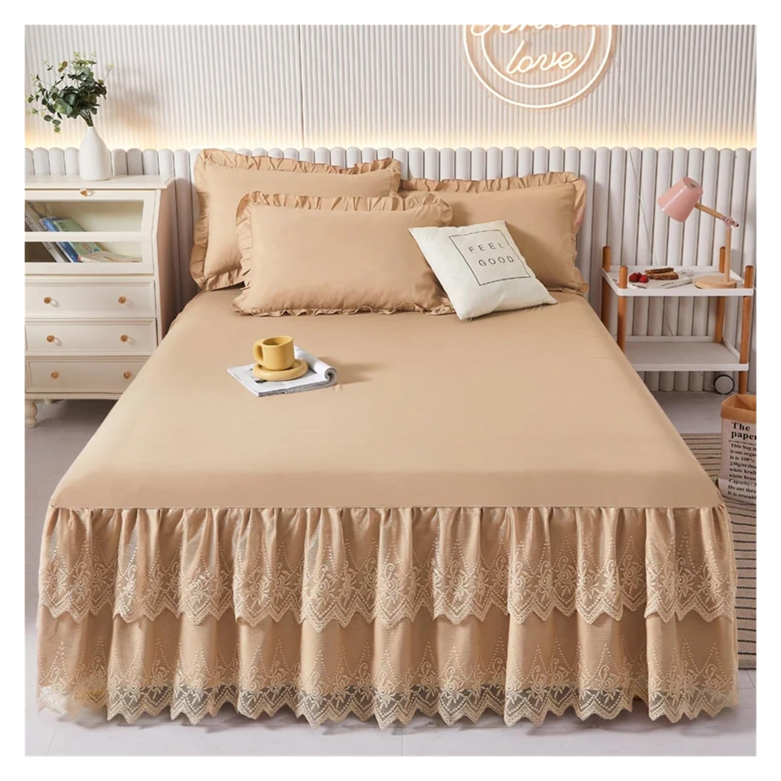 Lace Bed Skirt Solid Color Wrap Around Ruffle Bedskirt - Easy Fit Elastic Strap - Wrinkle, Machine Wash(1,150x200cm 3pcs)