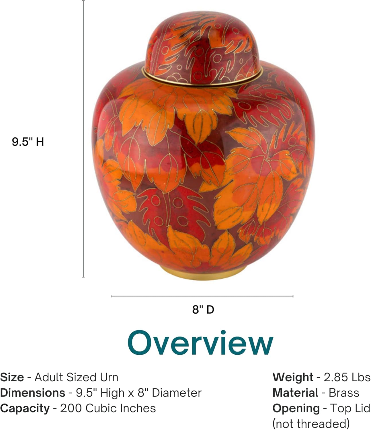 Fall Leaf Cloisonne Cremation Urn for Ashes, Metal, Orange Enameled Urn, Adult Sized Cremation Urn, 9.5 Inches High