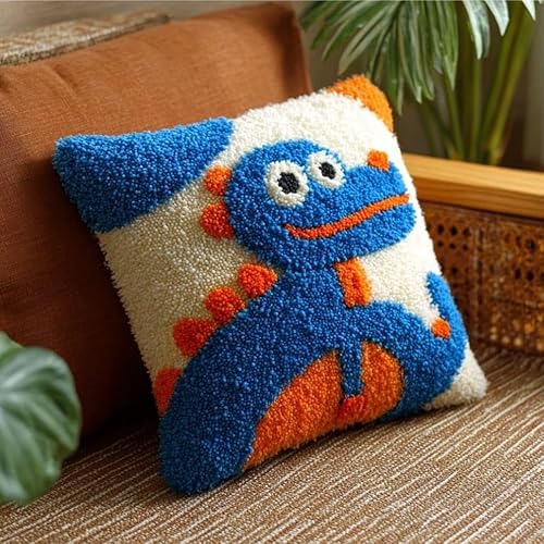 WallustrioaW Latch Hook Kit Cushion for Adults,Lizard 17X17 Inch,DIY Pre-Printed Craft Latch Hook Rug Kits Cross-Stitch Embroidery Pillow Cover Kit for Home