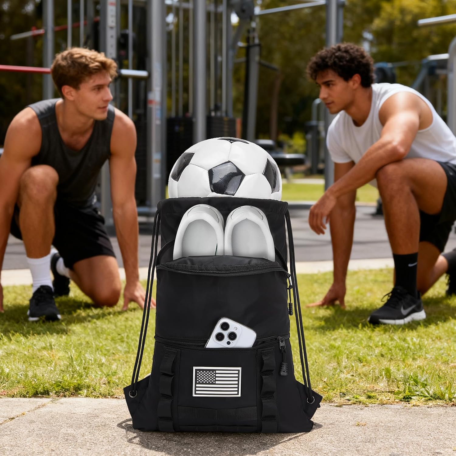 seyfocnia Drawstring Backpack Tactical String Bag with Zipper Pockets Waterproof Cinch Bag Sport Gym Sackpack