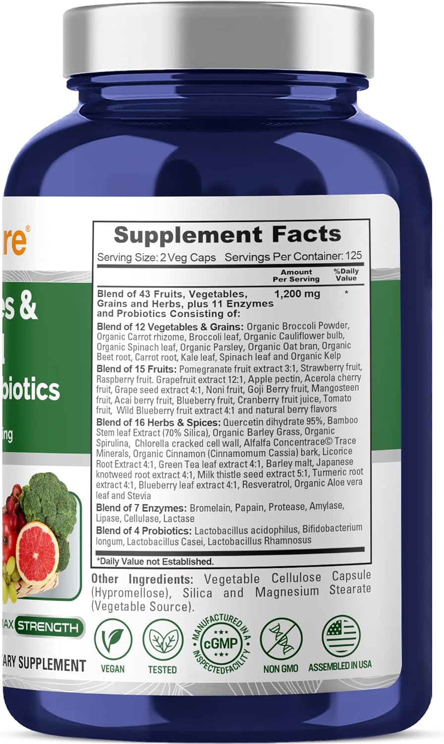 NusaPure Fruits and Veggies Herbal Blend, 1200 mg, 250 Veggie Capsules (Non-GMO, Vegan)
