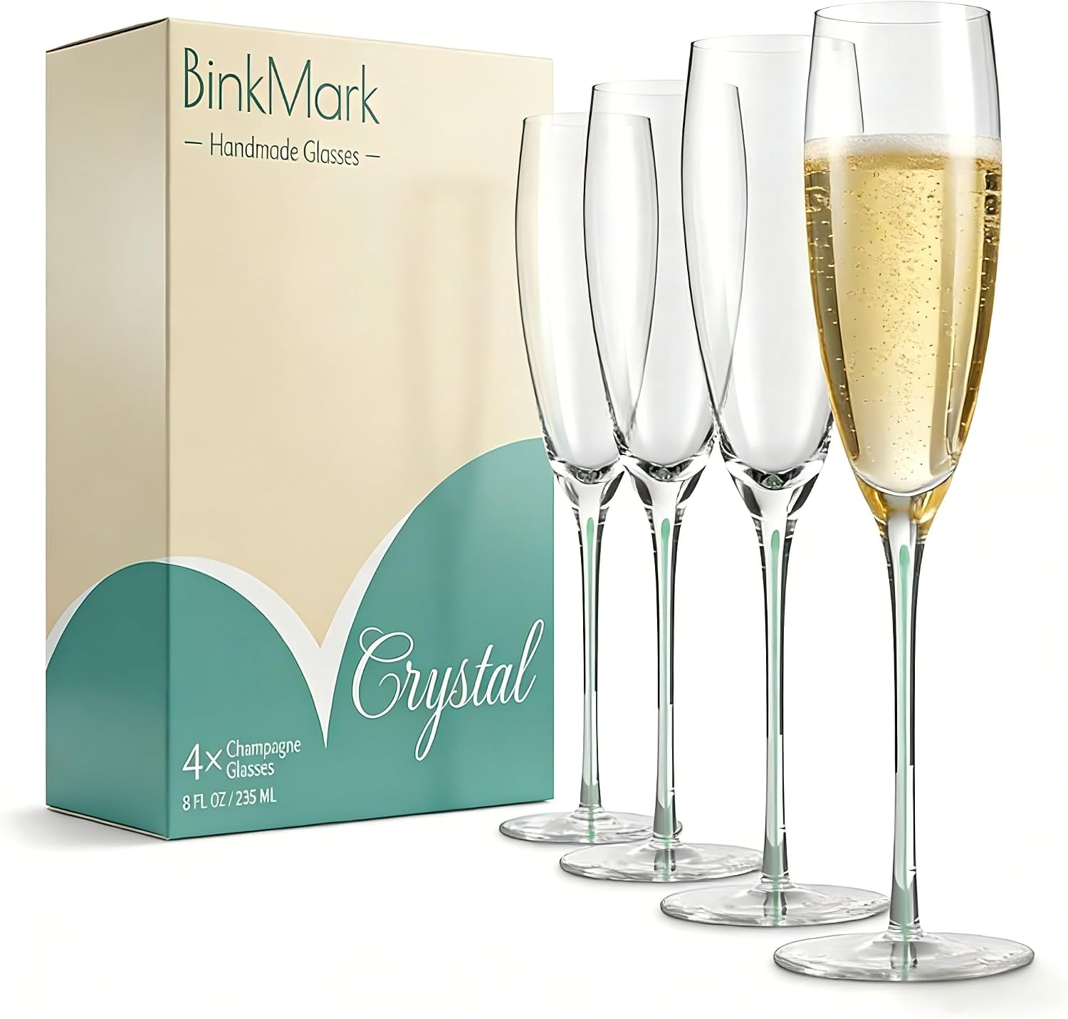 Hand-Blown Champagne Flutes Set of 4-8oz Lead-Free Crystal, Mint Green Thread Stem, Multi-Use Gift-Ready Glasses for Weddings & Special Occasions