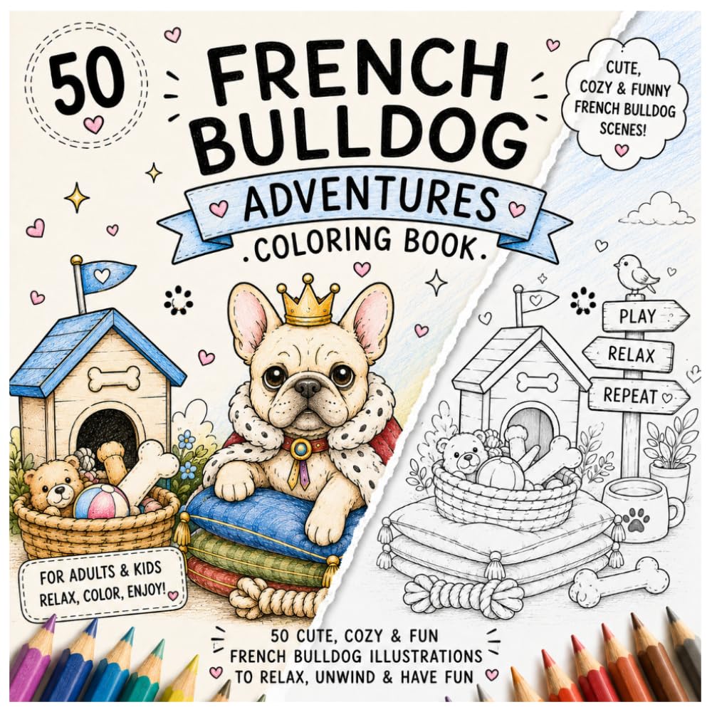 French Bulldog Adventures Coloring Book: 50 Cozy, Cute & Funny Frenchie Scenes for Adults & Kids — Relaxing Single-Sided Coloring Pages