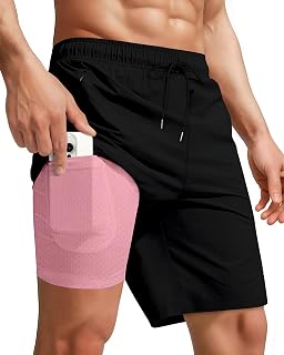 Men Swim Trunks with Compression 9 Inches Breathabe Liner Quick Dry Zipper Pockets for Board Beach Gym Running
