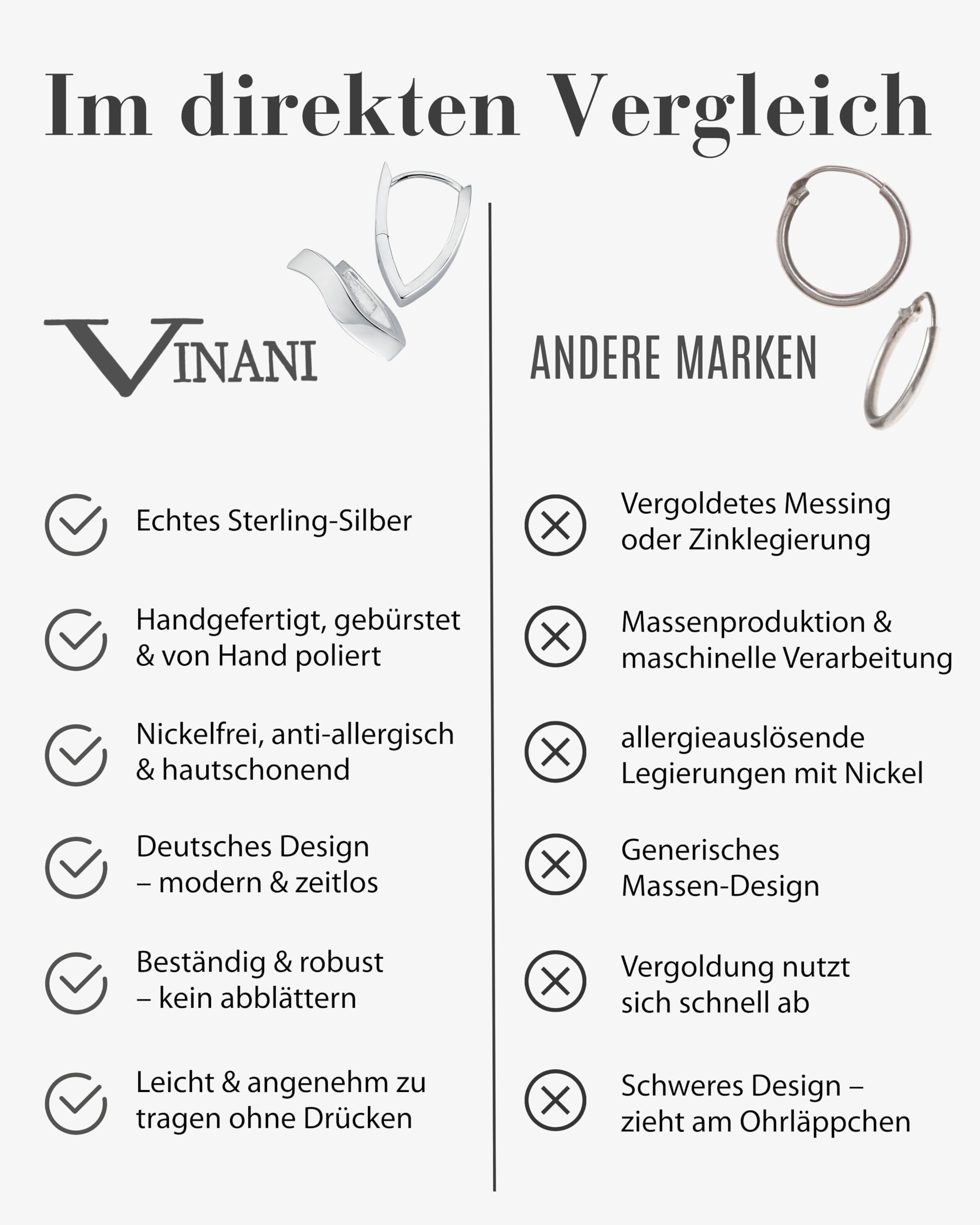 Vinani Damen Ohrringe 925 Silber - Klapp Creolen Ohrring Set für Frauen V-Form mittel geschwungen glänzend aus rhodiniertem 925 Sterling Silber 2CKC