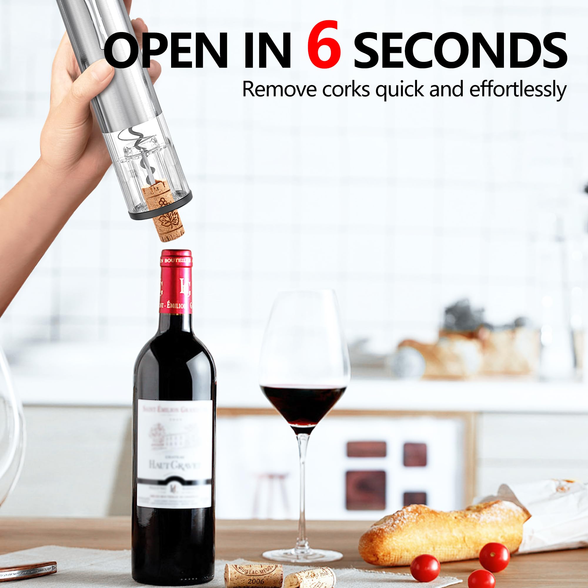Electric Wine Bottle Opener Set Rechargeable Stainless Steel, 4 in 1 Automatic Electric Corkscrew, Automatic Electric Wine Aerator, Foil Cutter and Vacuum Stopper, Gifts for Wine Lovers