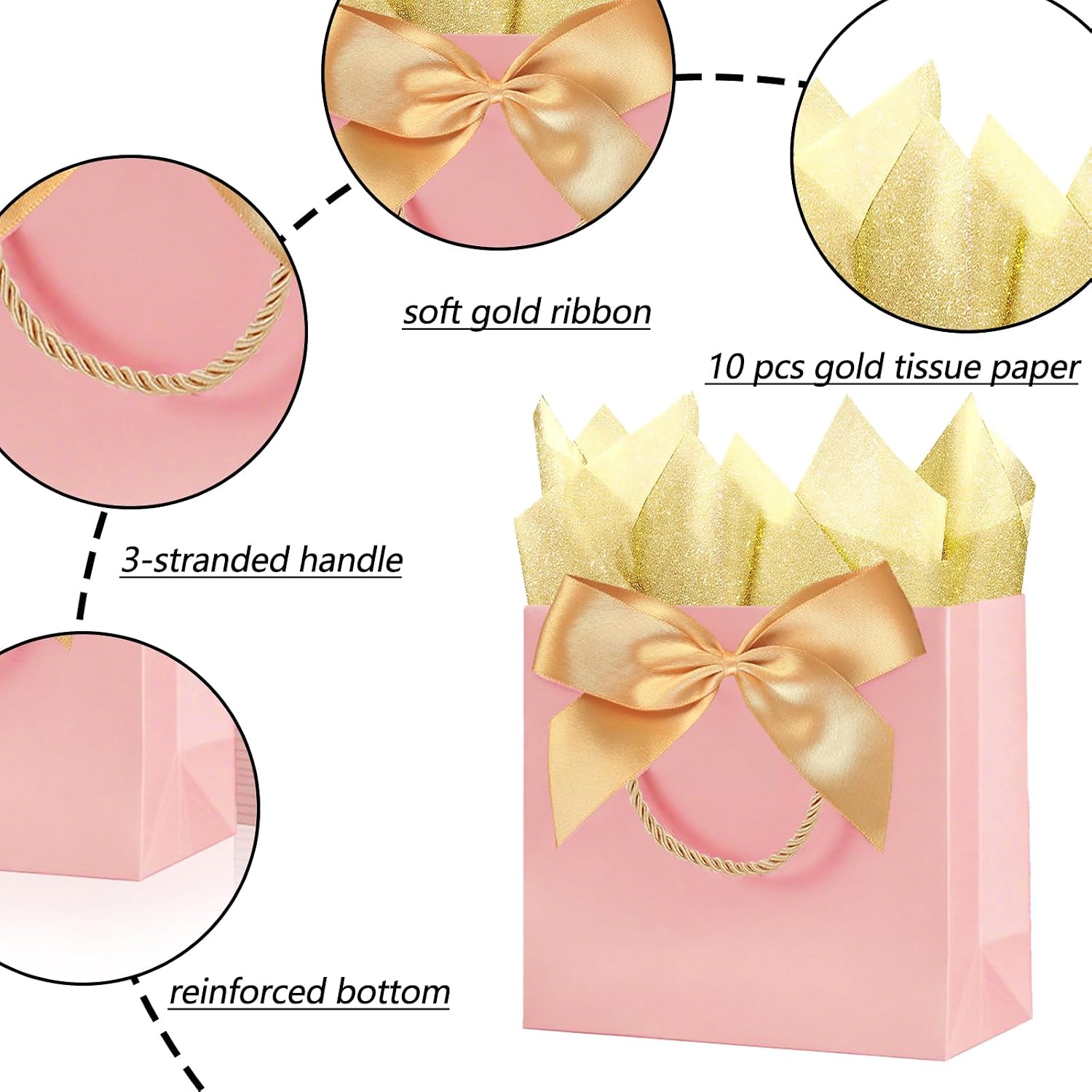 SHIPKEY 10PCS Pink Gift Bags, 11"x4"x8" Medium Welcome Bags, Luxury Shopping Bags with Ribbon Handle and Bows (28x10x20cm) image 2