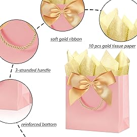 SHIPKEY 10PCS Pink Gift Bags, 11x4x8 Medium Welcome Bags, Luxury Shopping Bags with Ribbon Handle and Bows (28x10x20cm)