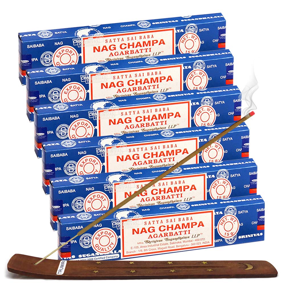 Satya Sai Baba Nag Champa Incense Sticks 15g and Holder Bundle - Pack of 6 (Approx 90 Sticks)