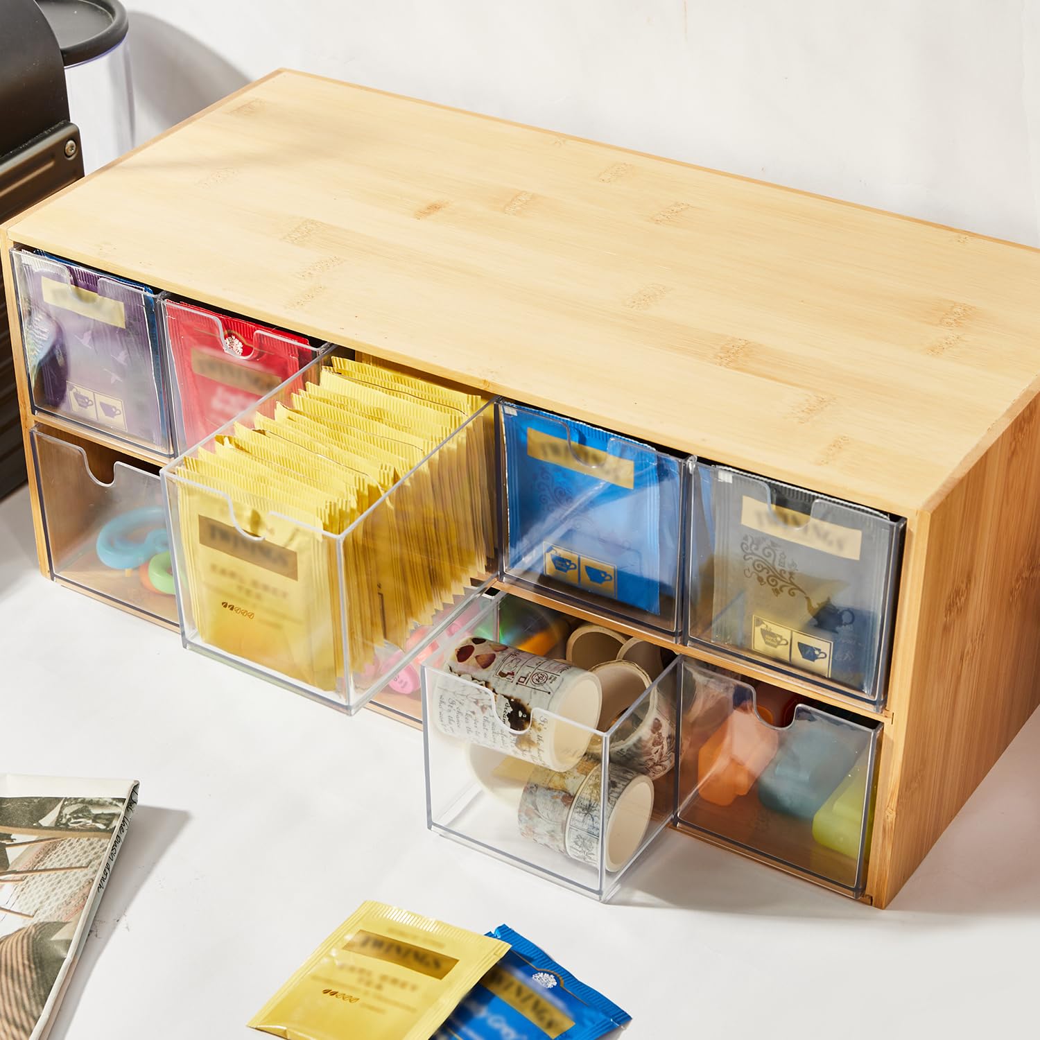 Organisateur de sachets de thé en bambou et bois, rangement de sachets de thé, 2 niveaux, boîte à thé verticale, pour organisateur de placard, porte-thé, organisateur de sachets de thé, plan de