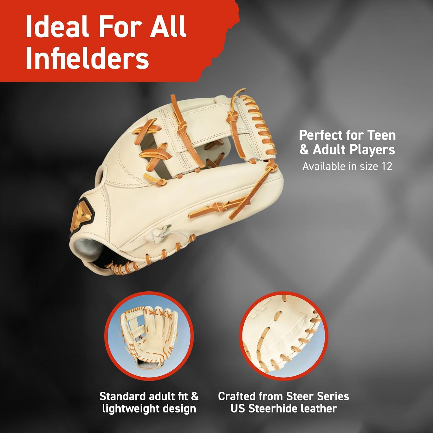 44 Pro Steer Baseball Glove for Infield, Fielding Mitt, Premium Leather Construction for Adults & Youth, 12", Right & Left Hand Throw, Ideal for Training, Games & Practice