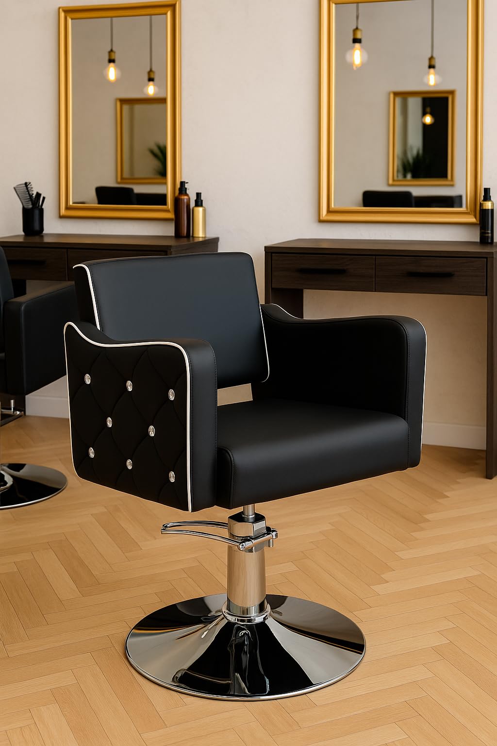 Italian Design - Sillón de Peluquería Profesional Black Diamond - Diseño Ergonómico y Acolchado con Altura Ajustable 92-102 cm, Tapizado Resistente al Agua y Base Cromada Antideslizante - Color Negro