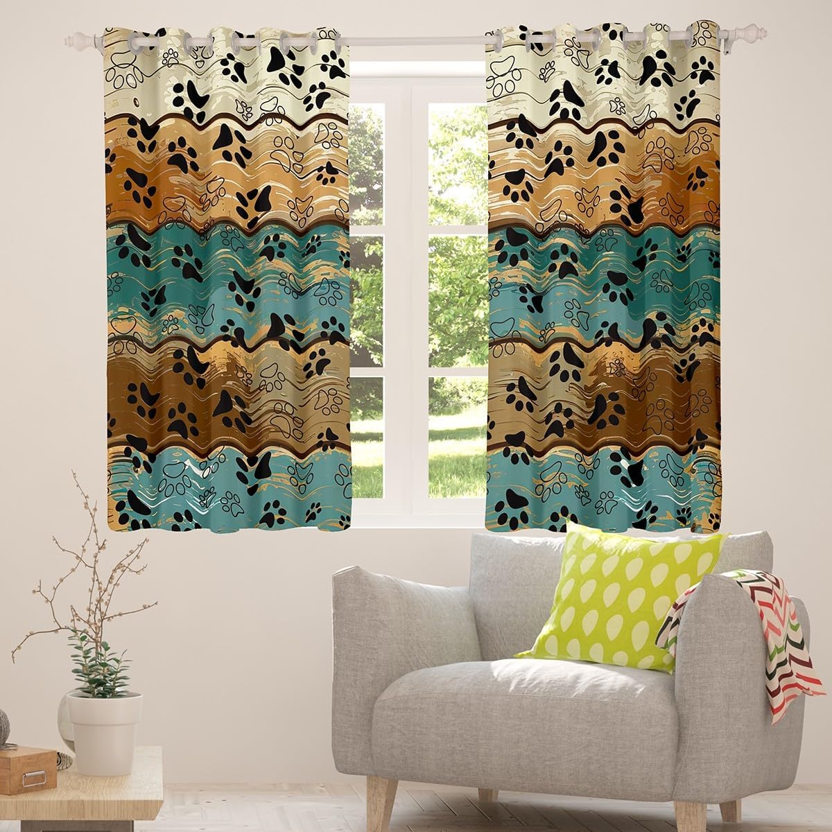 Manfei Kids Paw Print Blackout Curtain Black White Animal Print Window Treatments, Rustic Farmhouse Style Window Drapes for Boys Girls Grommet Top 2 Panel Set Bedroom Curtains, 42Wx84L inch