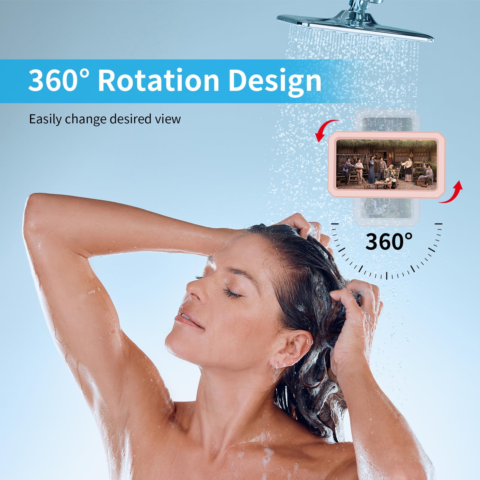 Shower Phone Holder Waterproof, 480° Rotatable Retractable Adjustable Anti-Fog High Sensitivity Touch Screen Bathroom Shower Phone Case, Bathroom Wall Phone Mount for 4-7" Cellphones (Pink)