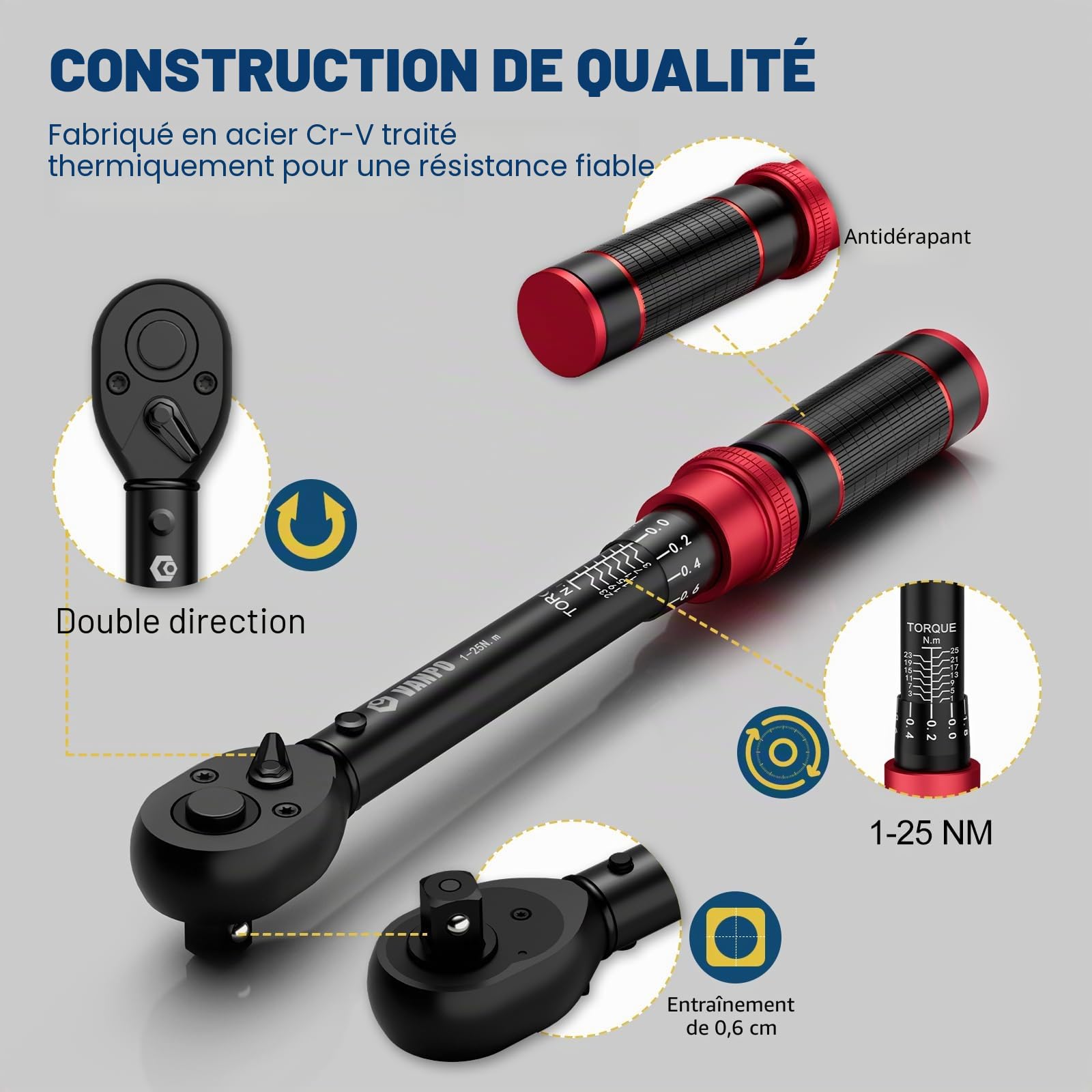VANPO Clé Dynamométrique 1/4'', 1-25Nm pour Vélo, Précision ±3%, Kit D'entretien 49 Pièces avec Douilles Allen, Barre D'extension 75mm, Adaptateur 3/8'', Bits Adaptateur