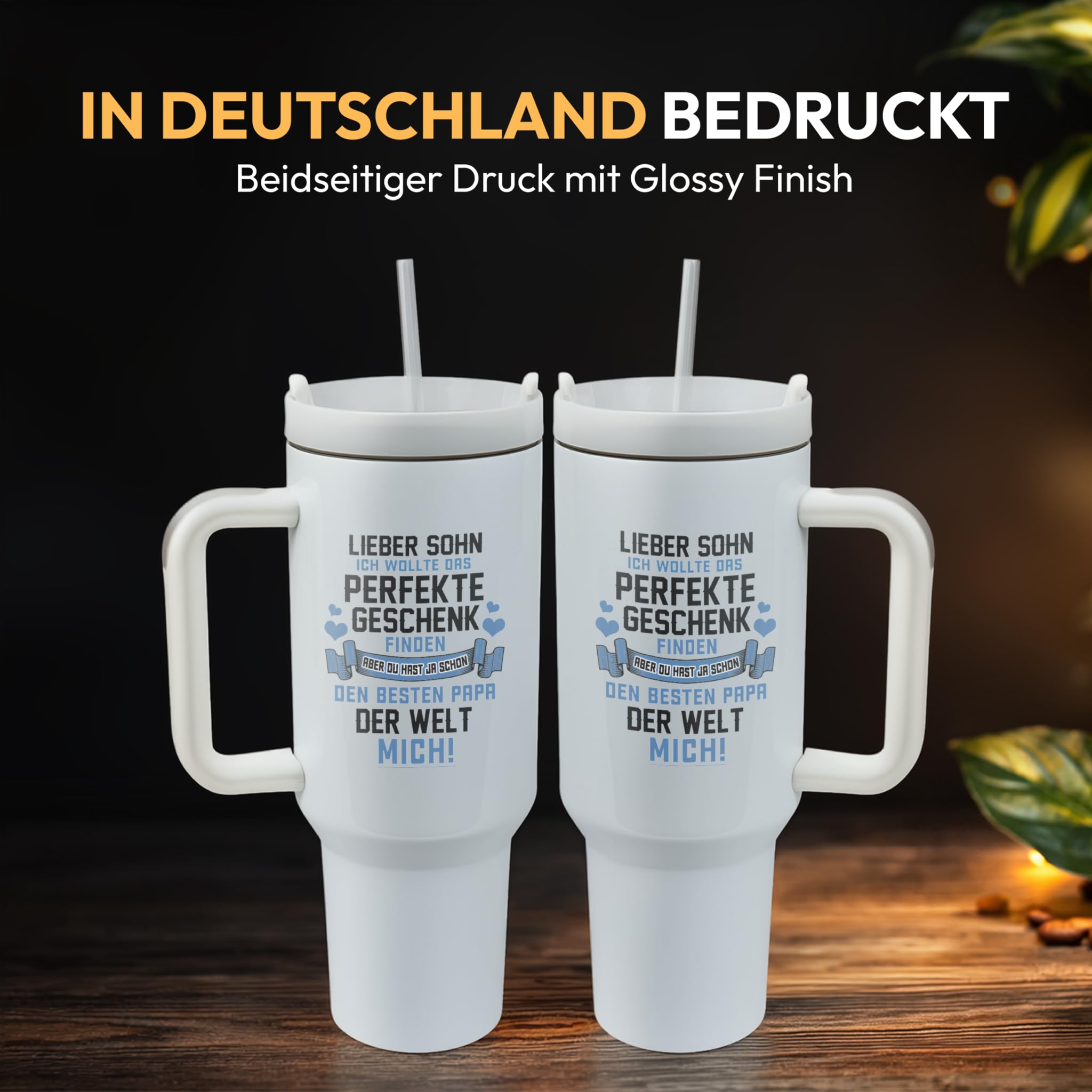 XXL Thermobecher für Sohn – Geschenk zum Geburtstag & Weihnachten – Edelstahl Trinkflasche, Weiß mit Lustigem Spruch vom Papa (WIEDERVERWENDBAR)