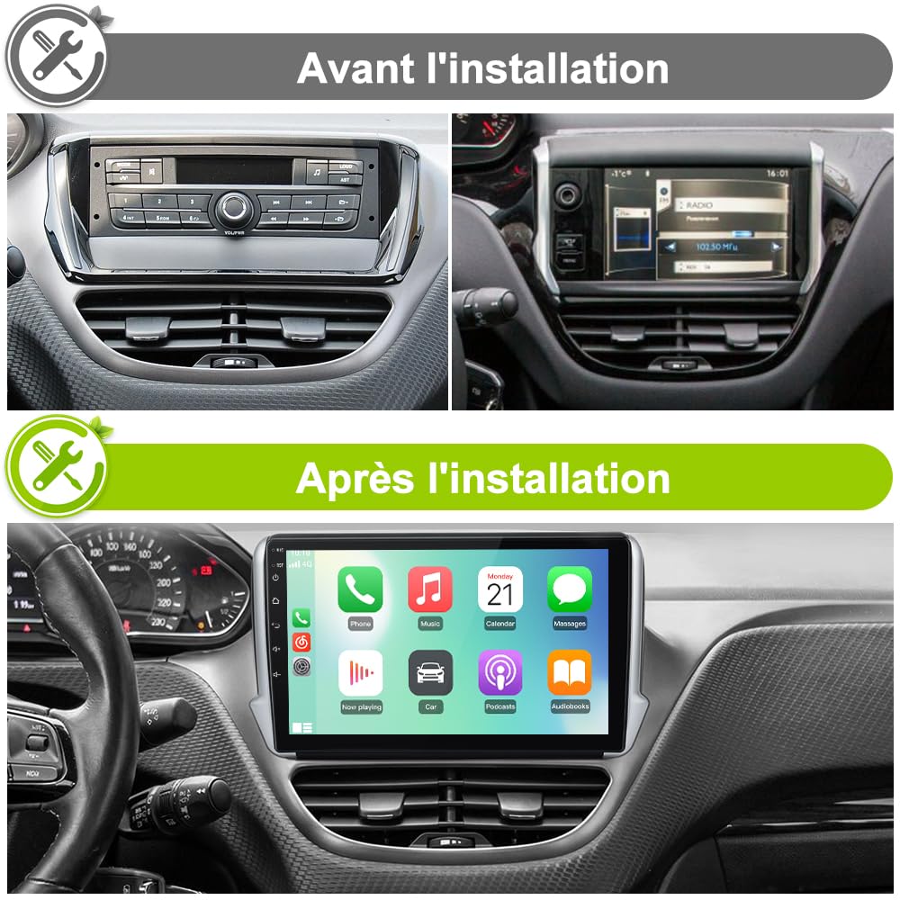 Autoradio Carplay pour Peugeot 208/2008 (2012-2018), Écran 10,1 Pouces 2Go+64Go, CarPlay & Android Auto,GPS WiFi Bluetooth FM, Commandes au Volant, Aide au Parking