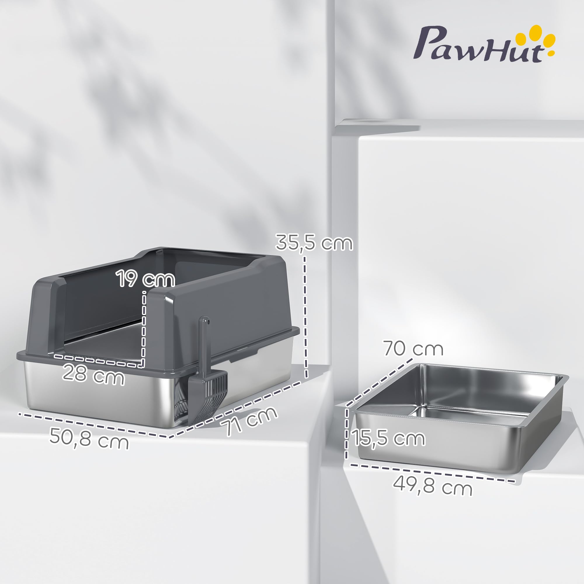 PawHut - Bandeja para Gatos (85 L, Gran Capacidad, 71 x 50,8 x 35,5 cm), Color Gris | Acero inoxidable, casa de aseo para gatos, pala, patines antideslizantes, fácil de limpiar