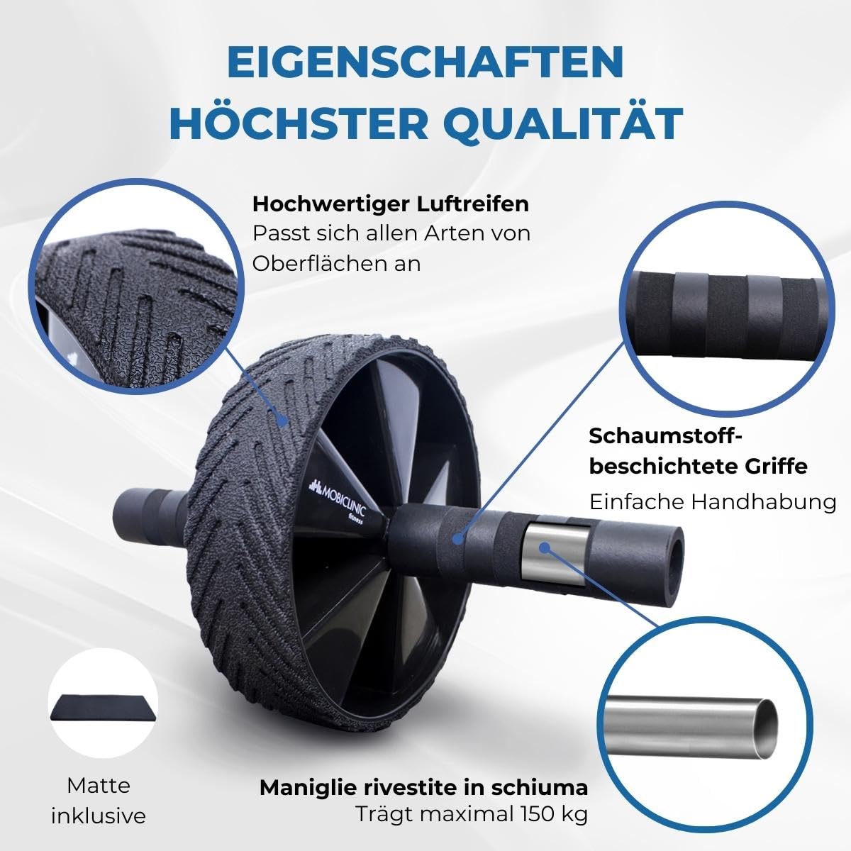 Mobiclinic, Bauchmuskelrolle, Europäische marke, Inklusive matte, Bauchmuskel-übungsset, Maximale belastung 150 kg, Heimtraining, Bauchtrainer, Bauchroller für bauchmuskeltraining