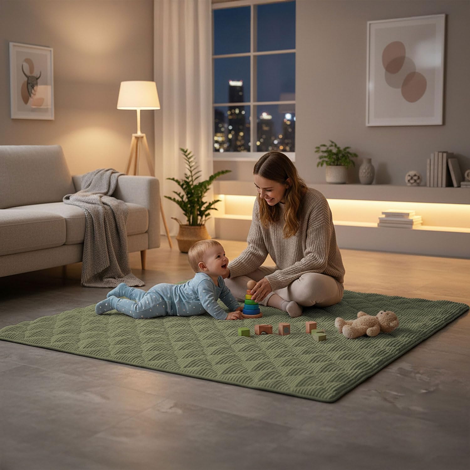 Sanosoft® Krabbeldecke - rutsch- & wasserfeste Krabbelunterlage mit Öko Tex & Made in Germany… (Cord Khaki Grün, 120x120cm)
