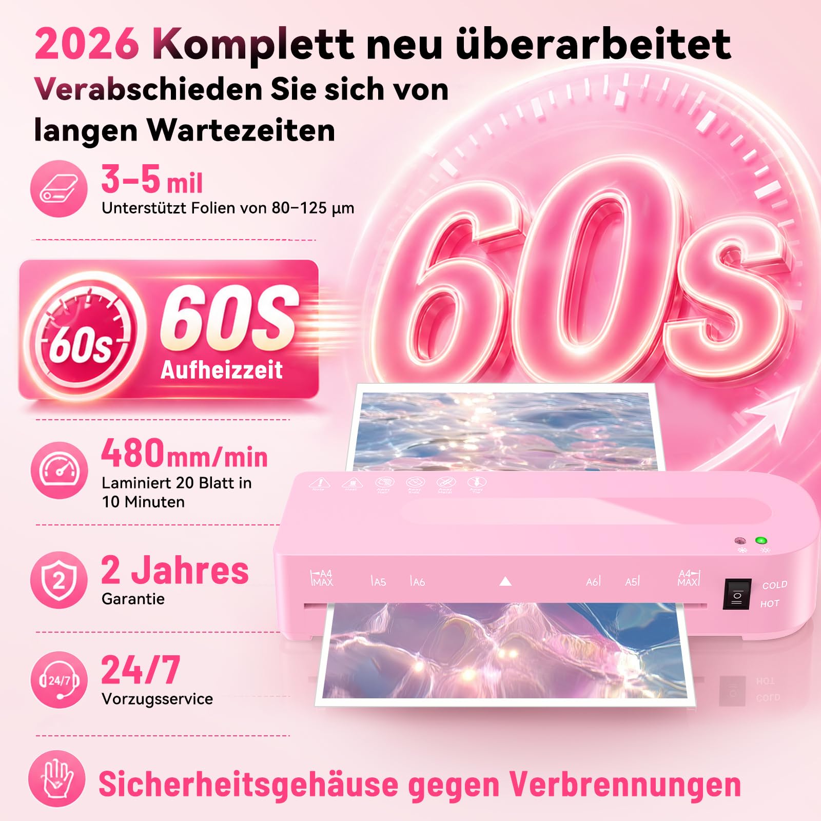 Laminiergerät A4 Laminiermaschine - 5 in 1 Laminiergerat mit 30 Laminierfolien für A4/A5/A6, 60S Schnellvorheizung, Heiß und Kalt Laminator mit Papierschneider, Eckrunde für Büro, Zuhause, Schule