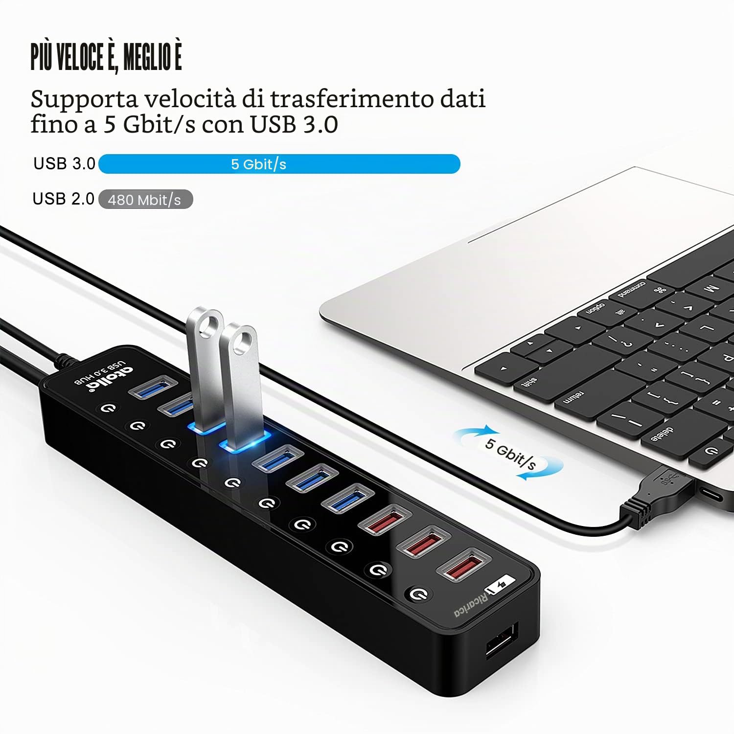 Atolla Hub USB attivo 3.0 con alimentatore di rete da 48 W (12 V/4 A), splitter di estensione USB 3.0 a 11 porte (7 porte dati + 4 porte di ricarica intelligente) con interruttore on/off singolo e