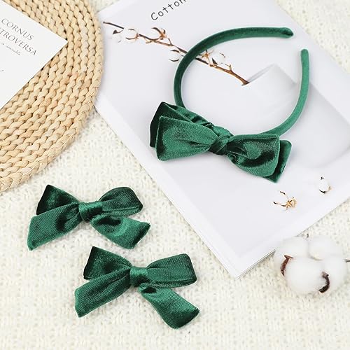 Miniatura 5 de DEEKA Diadema de terciopelo verde oscuro con lazo y 2 lazos de terciopelo para el cabello, uniforme de terciopelo, accesorios para el cabello, banda