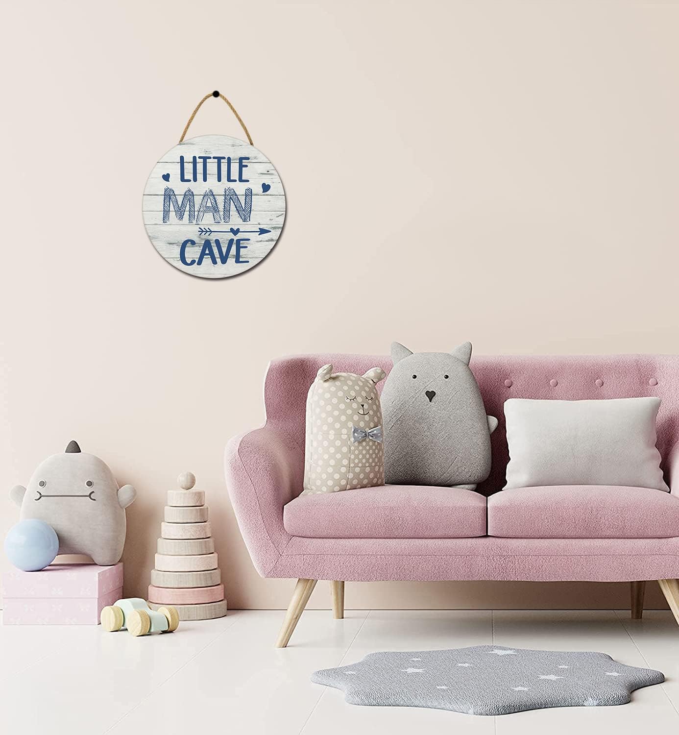 UfcellStore Little Man Cave Wooden Round Door Sign for Little Boy Nursery Room Wall Art Natural Wood Baby Toddler Kids Bedroom Living Room Hanging Rustic Farmhouse Decor -Blue
