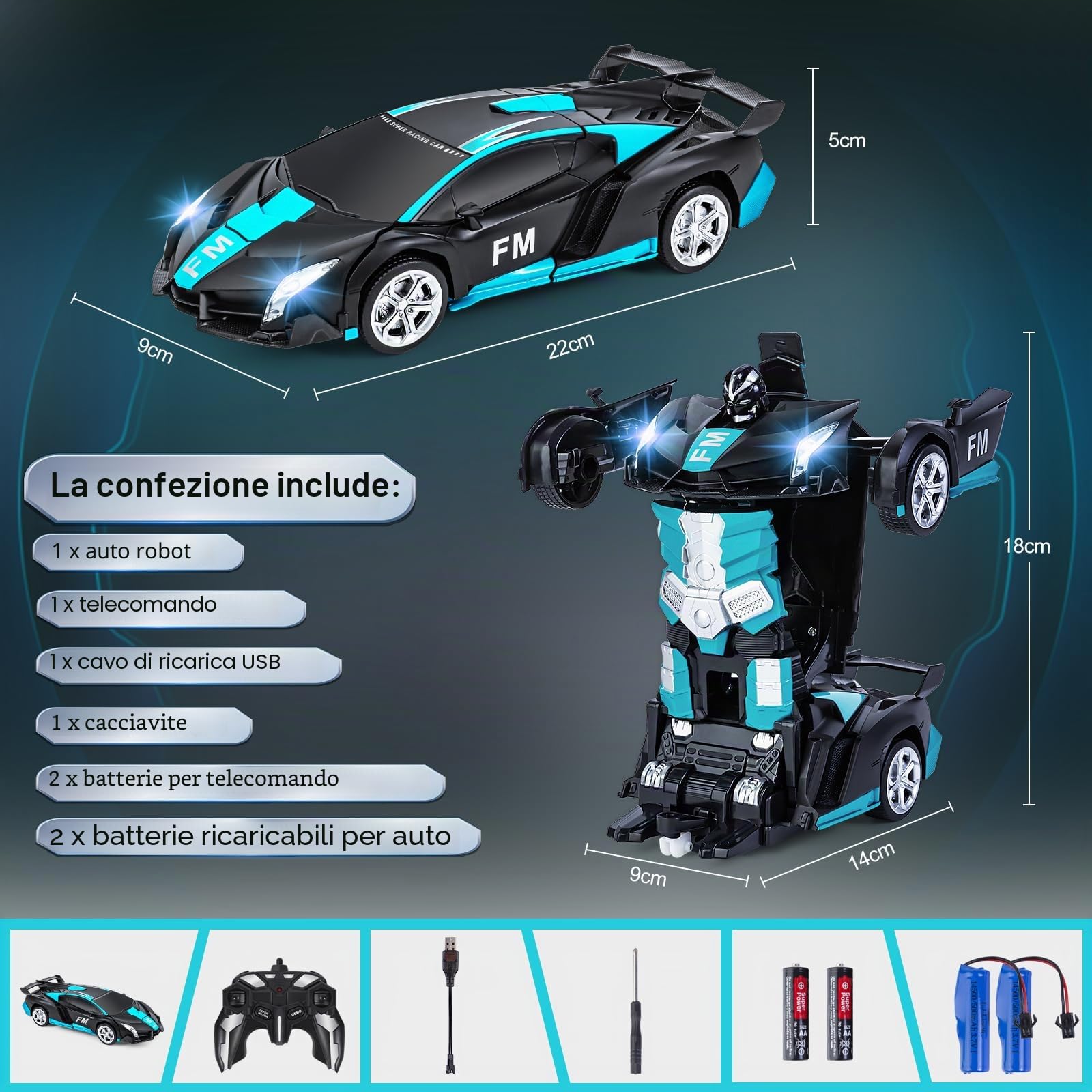 Transform Macchina Telecomandata Giocattoli, Auto Telecomandata con Sensore di Movimento, RC Robot Car con Effetto Luce e Suono, Macchina Radiocomandata per Bambini 4 5 6 7 8 9 10 Anni