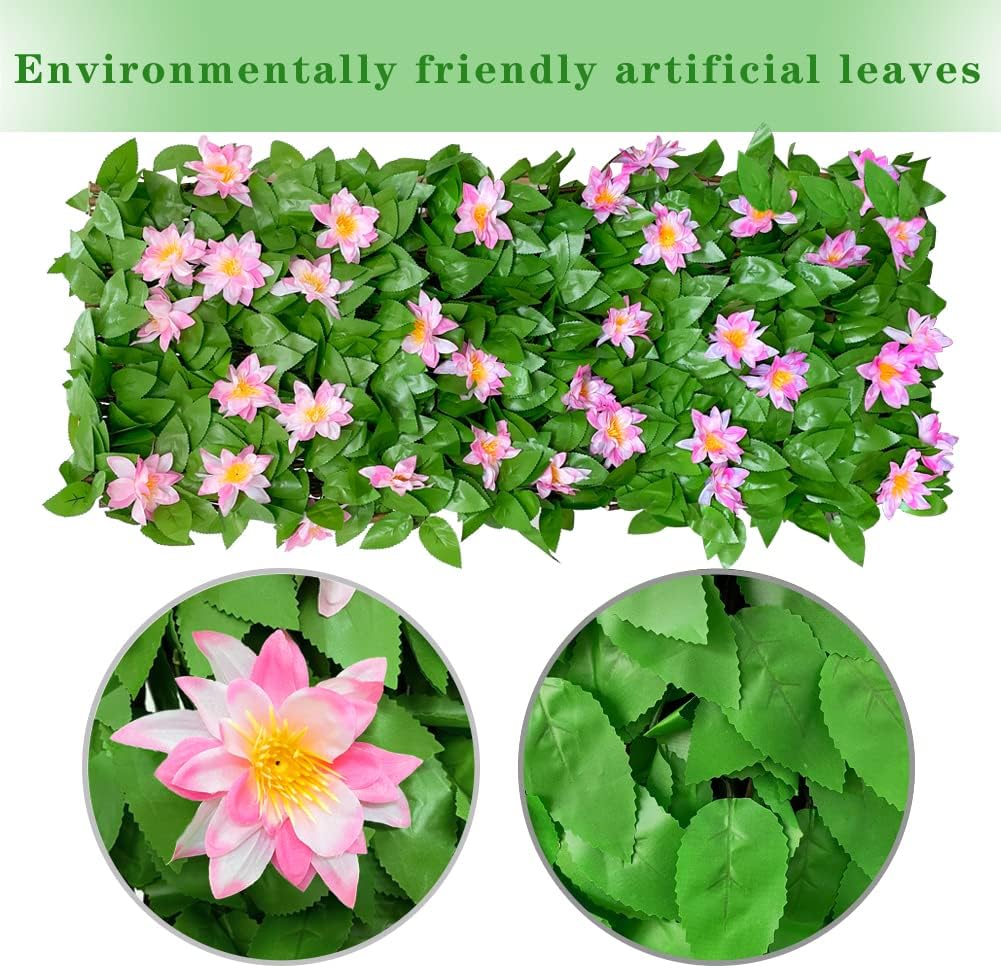 Expandable Faux Ivy Fence Privacy Screen for Patio Outdoor Balcony Bedroom Decor,Artificial Mixed Green-Pink Apple Leaves Wall Decoration Fencing Panel(Single Sided Leaves)