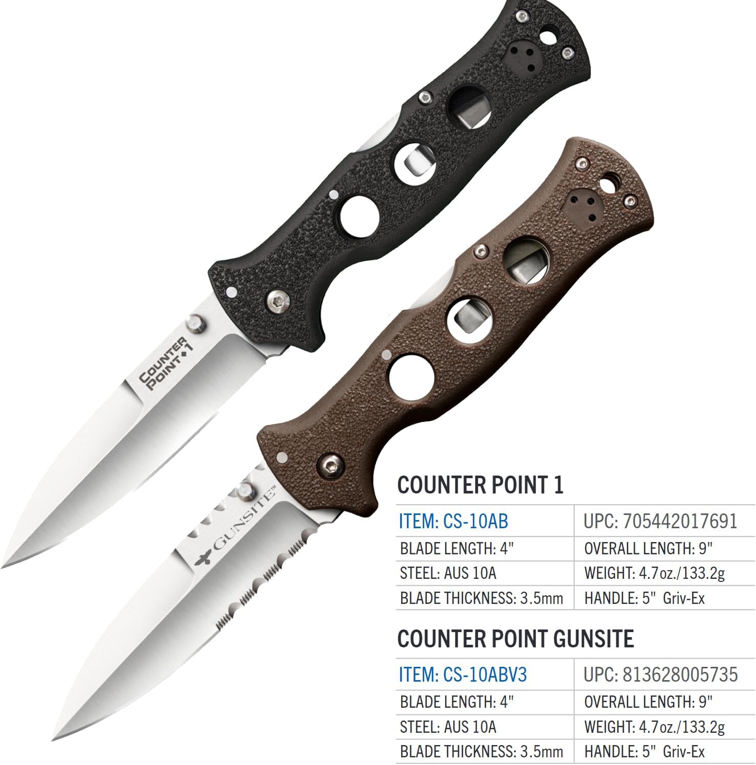 COLD STEEL Counter Point 4" Japanese AUS10A Razor-Sharp Blade 5" Griv-Ex Handle EDC Narrow Blade Folding Knife w/Tri-Ad Locking Mechanism