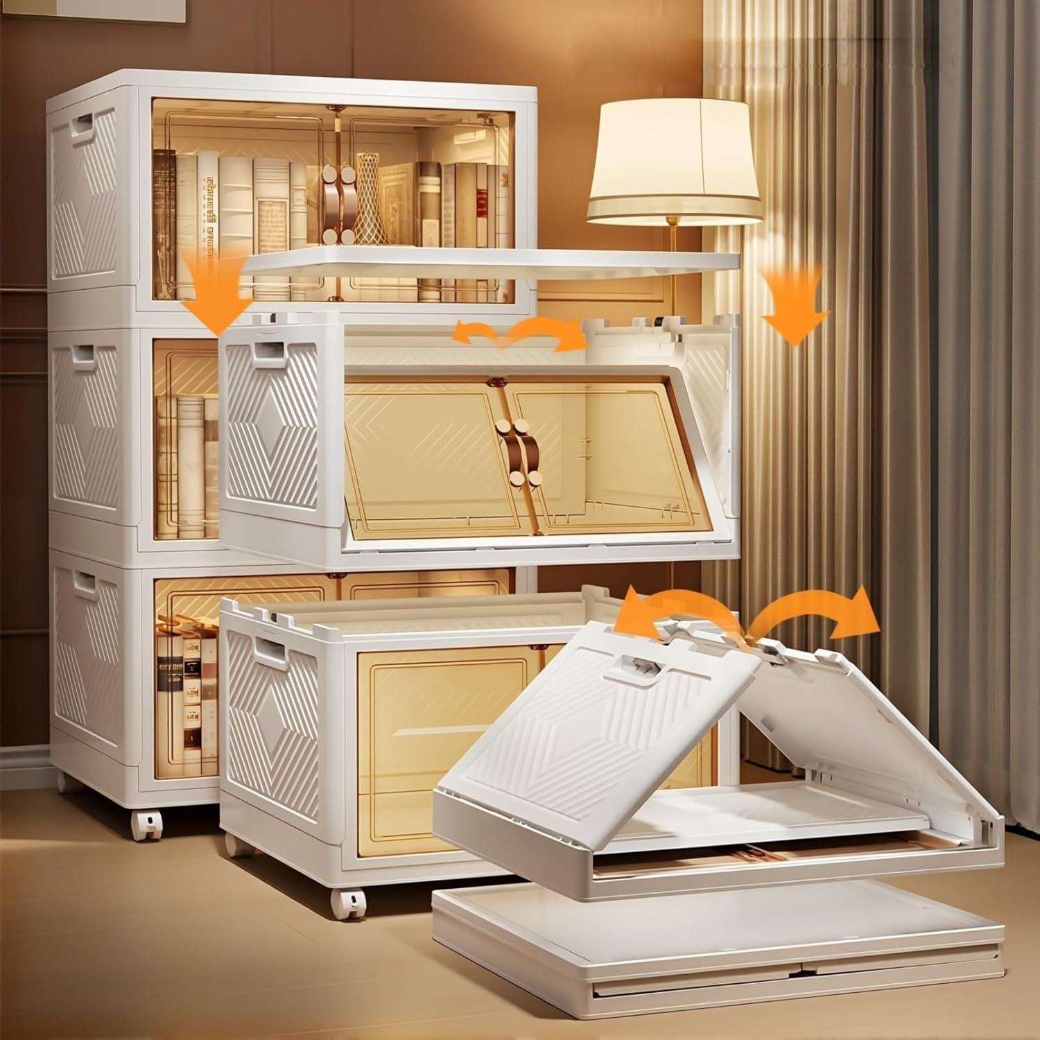 4 Tier Plastic Stackable Storage Bins and Boxes Organizer, Foldable Containers, Stackable Closet Organizers, Collapsible Boxes, White (4 Tier, 23.6″)