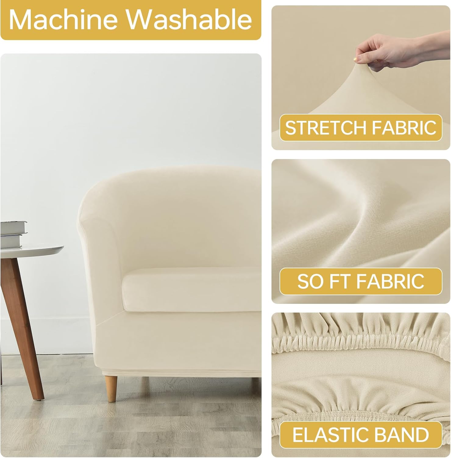 Deisy Dee 2 Piece Velvet Club Chair Slipcover Stretch Barrel Chair Covers Accent Chair Cover Removable Couch Furniture Protector Arm Chair Cover for Living Room (Beige)