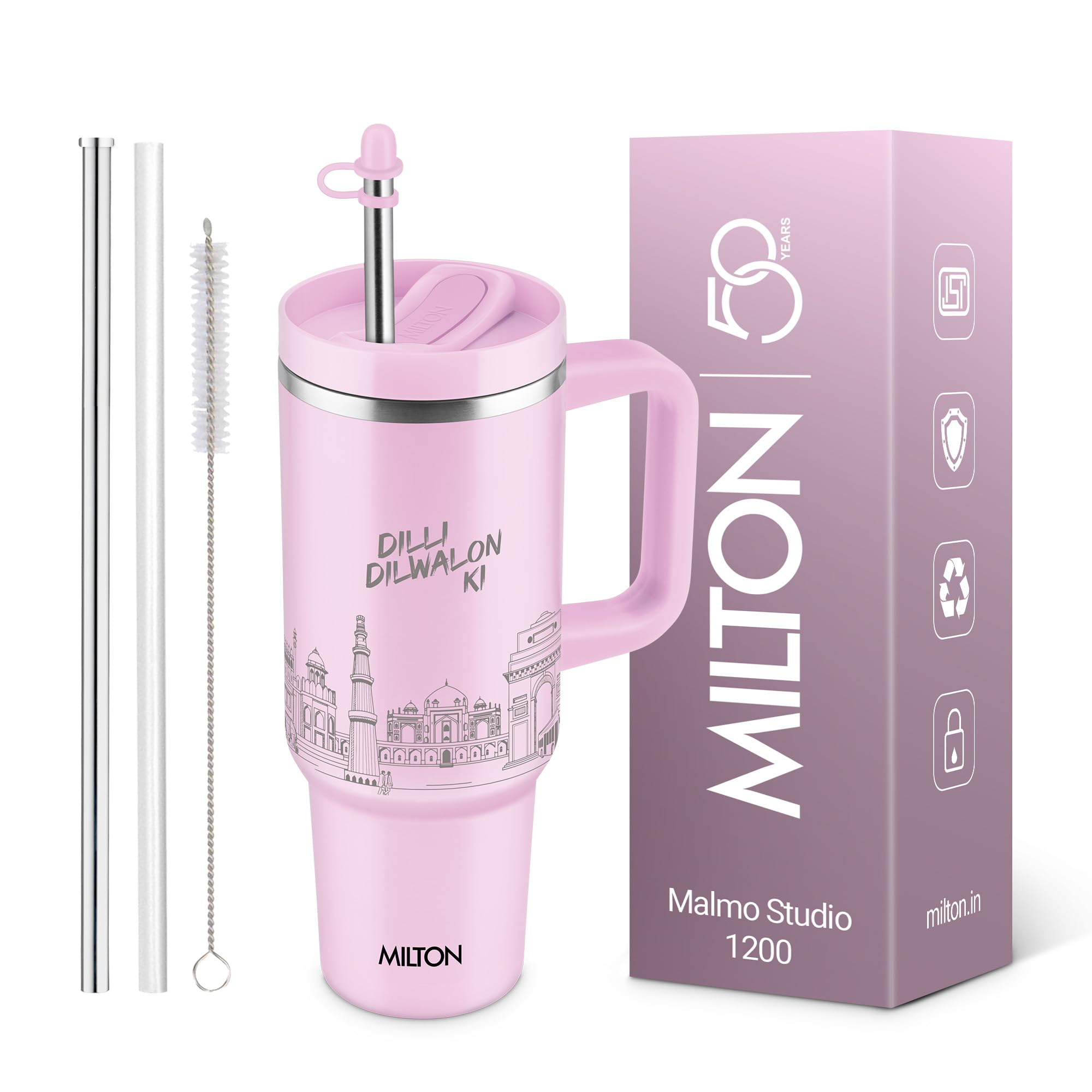 MILTON Malmo 1200 Thermosteel Double Wall Vacuum Insulated Stainless Steel Tumbler with Handle 1100ml, Travel Mug with Straw,Silicon Cap,Cleaning Brush,Hot & Cold Beverage Flask,Delhi Pink