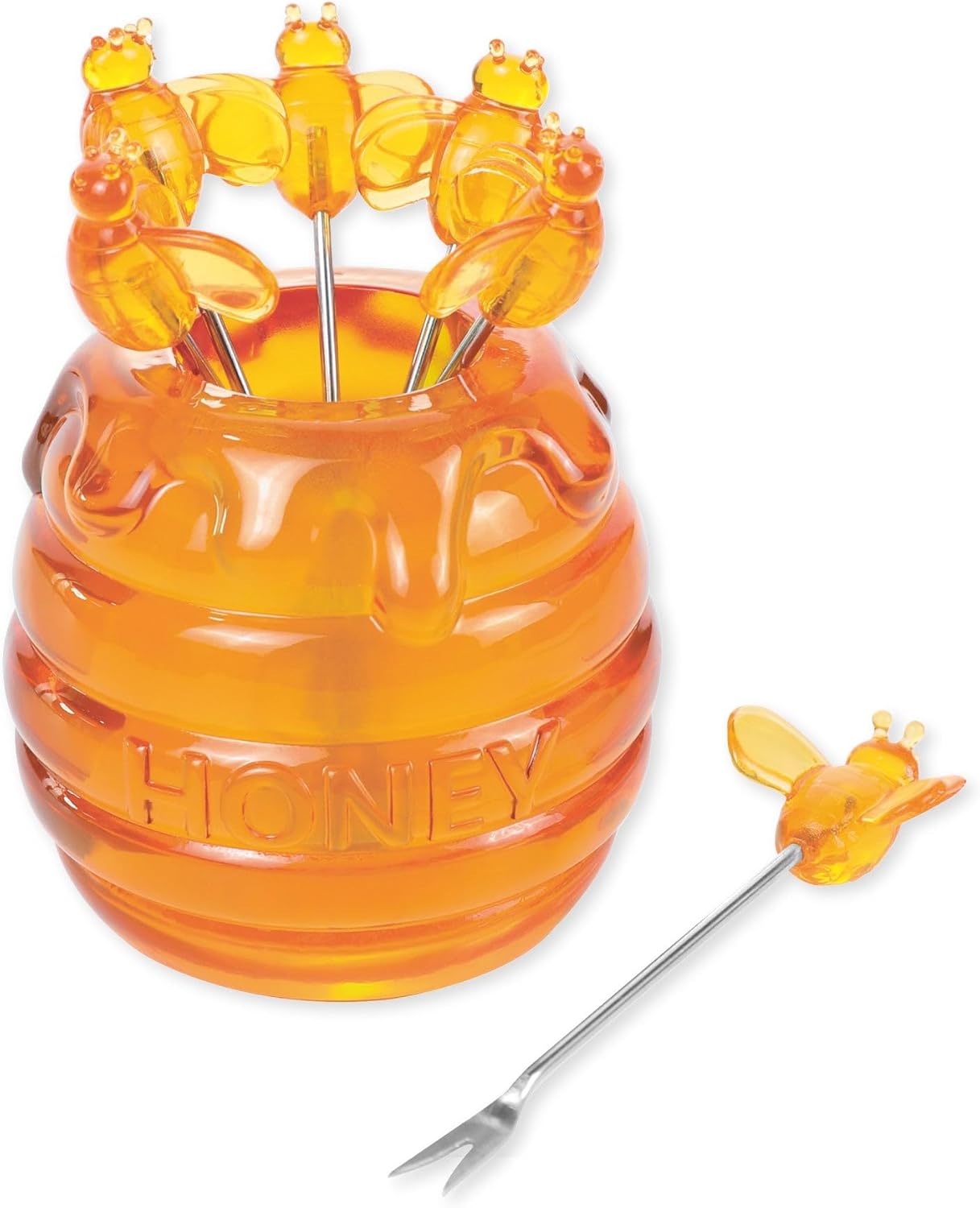 7 PCS Bee Cocktail Picks Set with Beehive Holder, Reusable Appetizer Forks for Cheese, Fruit, Snacks, Party or Bar Use, Polyresin Holder and 6 Pack Stainless Steel Picks