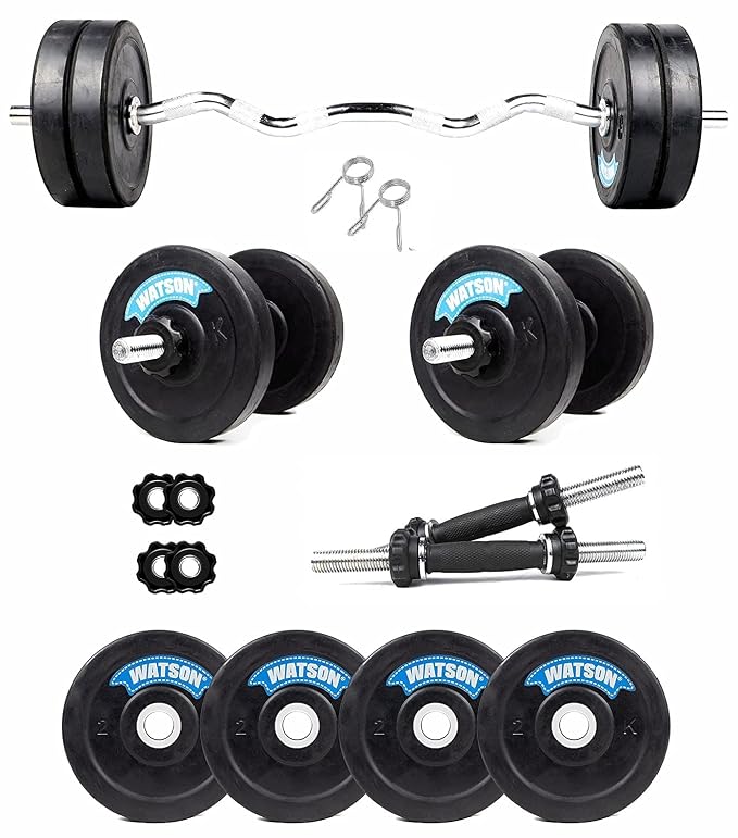 Watson Home Gym Set, Home Gym Equipments Kit with 8kg(2kgx4) Weight Set, Dumbbell Set Rubber 14" Deep Threaded Iron Rods, Curl Rod, Home Gym Combo