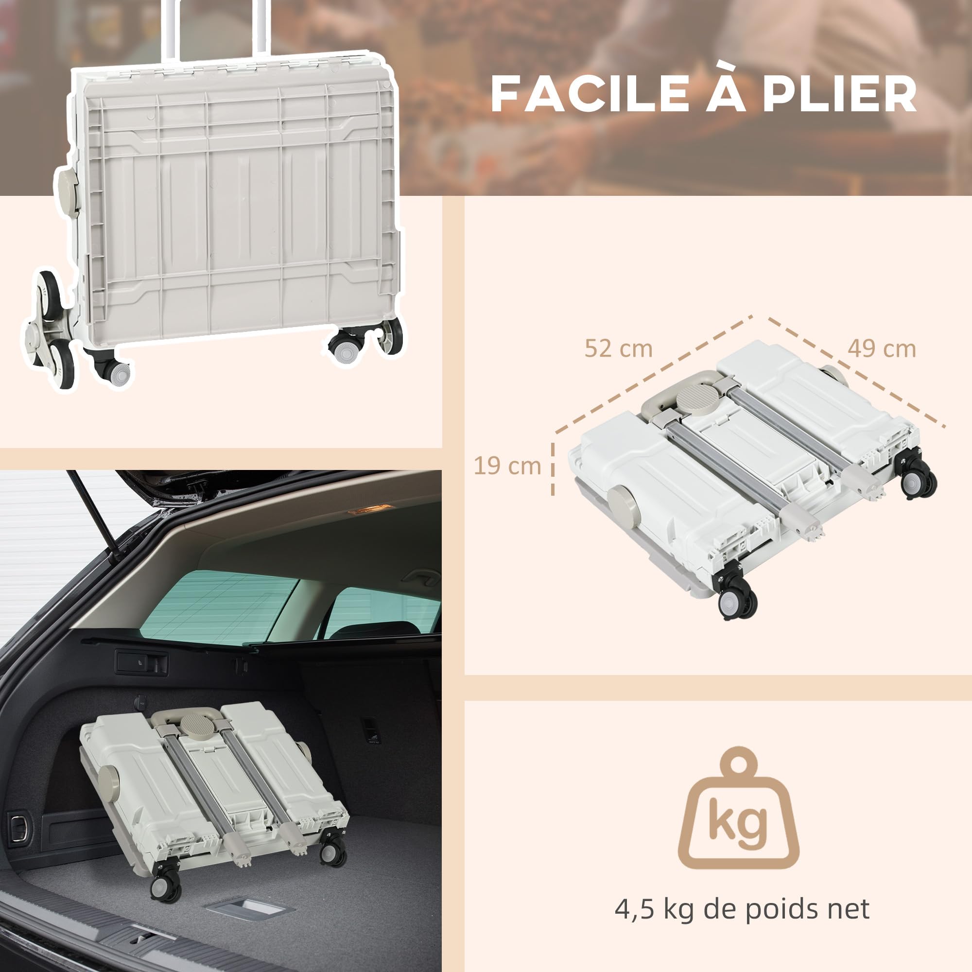 HOMCOM Chariot de Courses Pliable poignée télescopique réglable Blanc | Caddie de courses portable, Couvercle, Chariot montant escalier à roulettes, Charge max. 80 kg