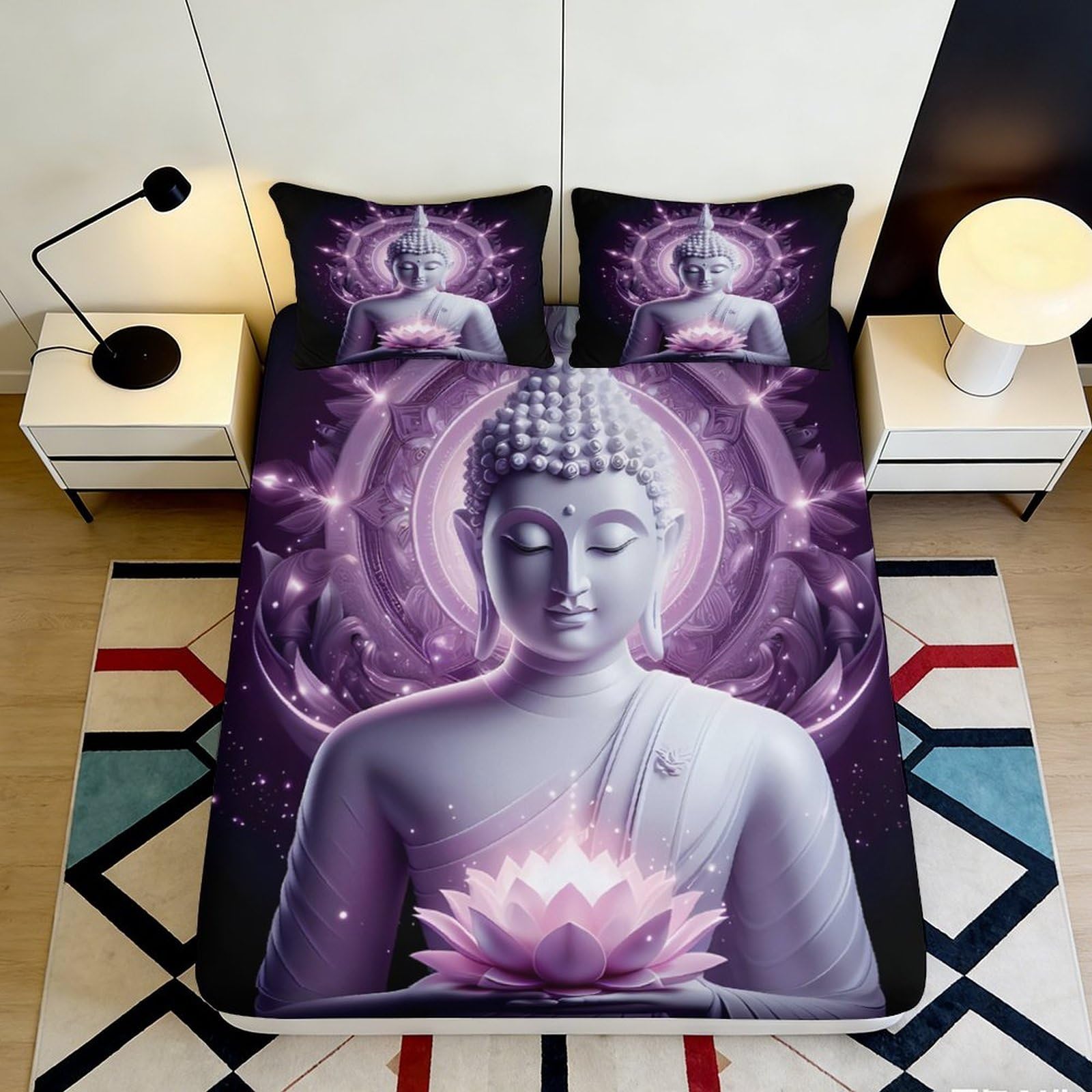 3D Printed Purple Buddha Lotus Fitted Sheet Microfiber Bedroom Decor Spiritual Mandala Mattress Cover Adult Teen 90x200x25cm