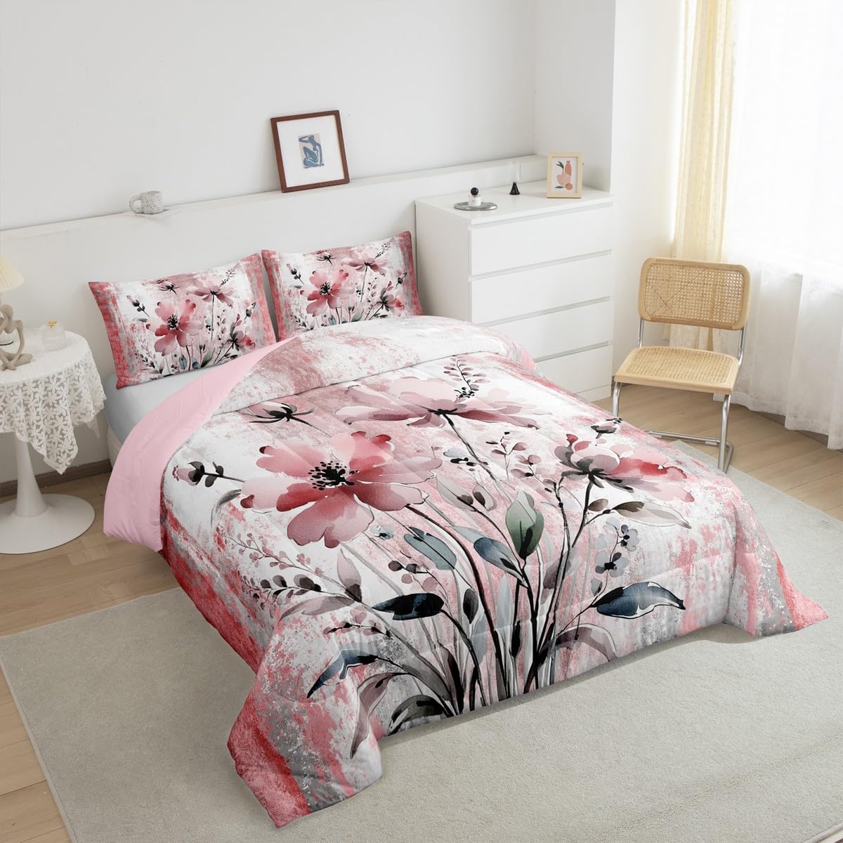 Erosebridal Watercolor Flowers Queen Comforter Set for Adult Women,Microfiber Abstract Oil Painting Bedding Set Rustic Farmhouse Room Decor,Ombre Light Burgundy Grey White Bed Set with Spring Blossom
