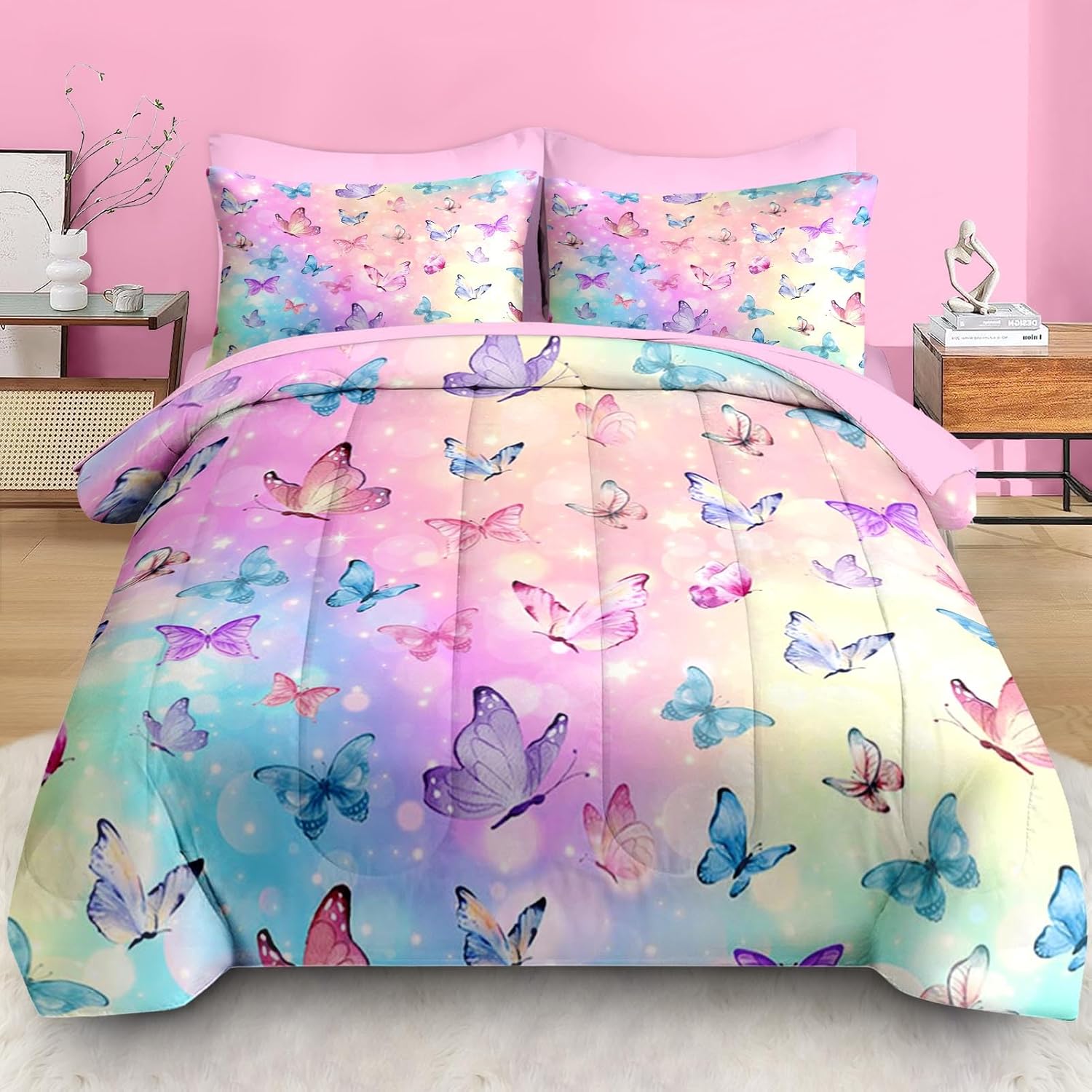 Comforter Set Twin Size, Pink Blue Butterfly 5 Pcs Bedding for Kids and Adults, Purple Colorful Rainbow Bed Sheet Sets with Fitted Sheet Pillowcase & Sham for Bedroom Bed Decor