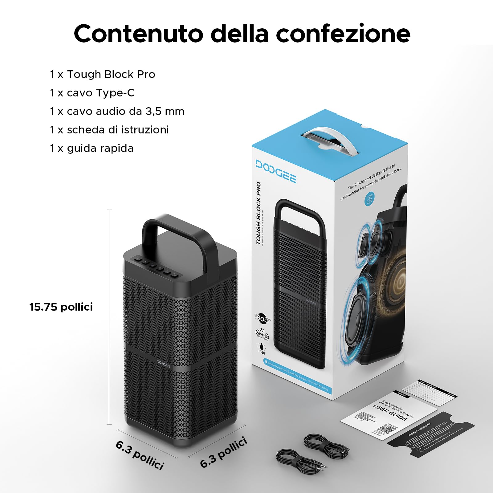 Tough Block Pro Cassa Musica Portatile, Cassa Con Microfono Portatile, Altoparlante Resistente, Audio Potente, Batteria Lunga Durata per Esterno, Viaggi, Feste, Uso Domestico - Nero