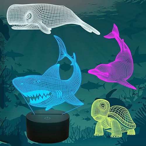 FULLOSUN Regalos de tiburón, luz nocturna de tiburón 3D para niños (4 patrones) con control remoto, 16 colores cambiantes, función regulable,