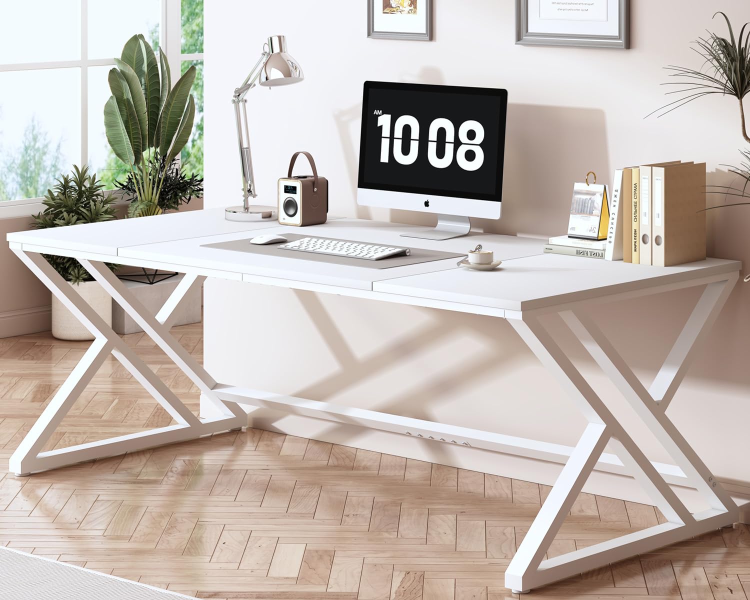 HSH White 70.8" Computer Desk, Modern Large Long Wood Metal Office Desk, Farmhouse Pc Study Work Writing Desk for Two Person, Rustic Double Workstation Executive Desk for Home Bedroom Living Room