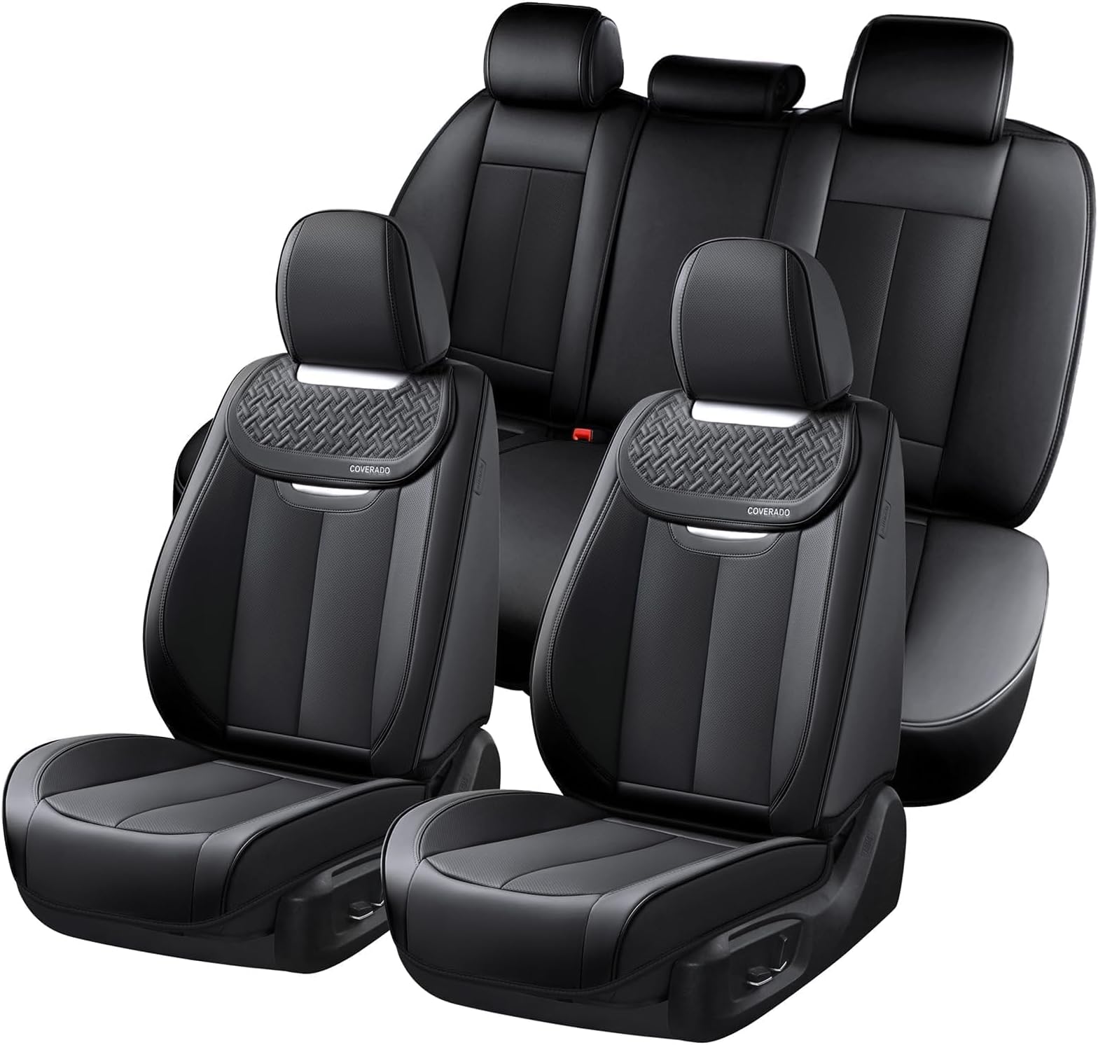 Coverado Car Seat Covers Full Set, Luxury Nappa Leather Seat Cover, Universal Seat Covers for Cars, Front and Back Waterproof Seat Cover Car Seat Protector Accessories Fit for Most Cars(Black)