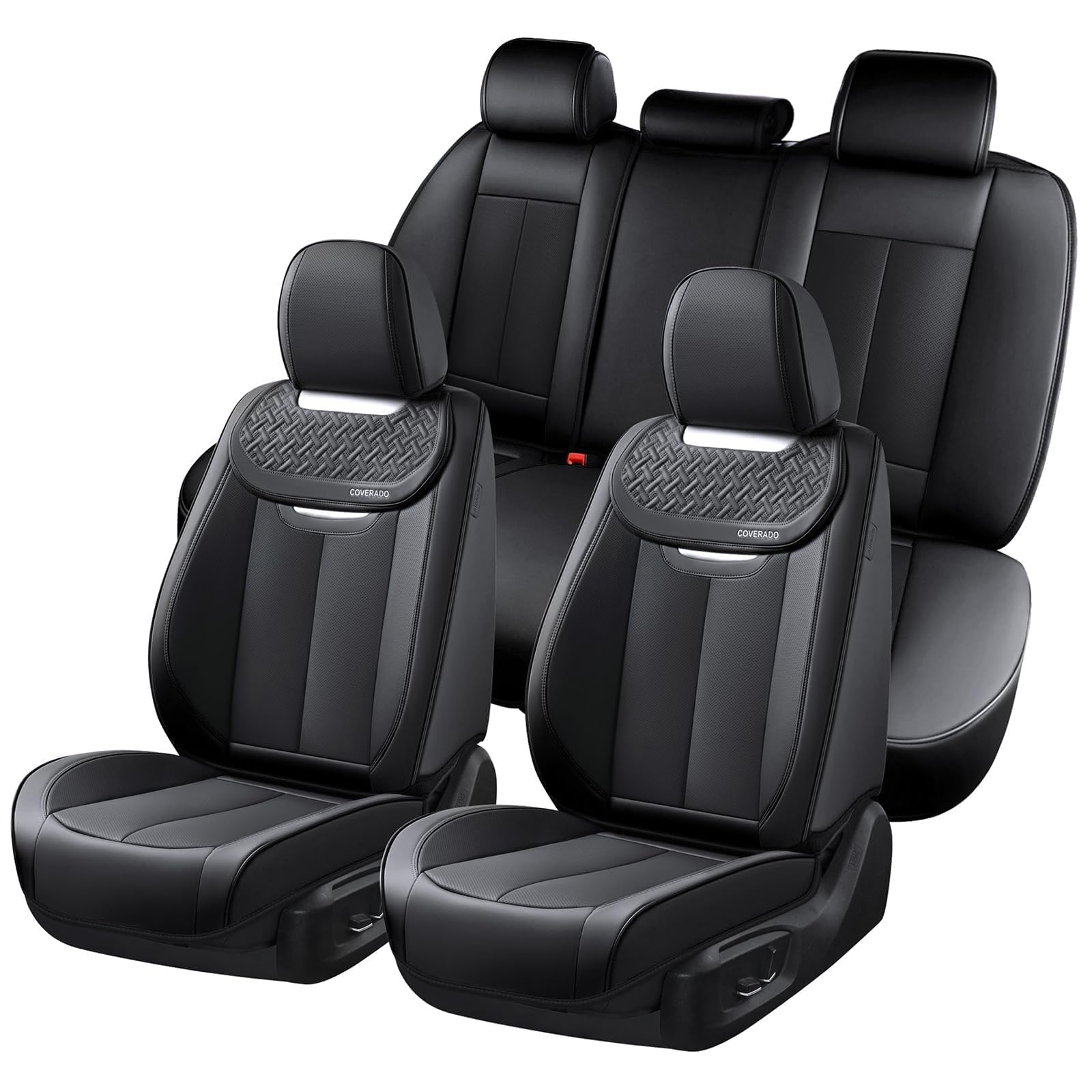 Coverado Car Seat Covers Full Set, Luxury Nappa Leather Seat Cover, Universal Seat Covers for Cars, Front and Back Waterproof Seat Cover Car Seat Protector Fit for Most Cars(Black)